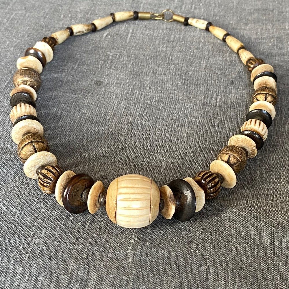 Tribal Hand-carved Bone & Wood Beaded Necklace